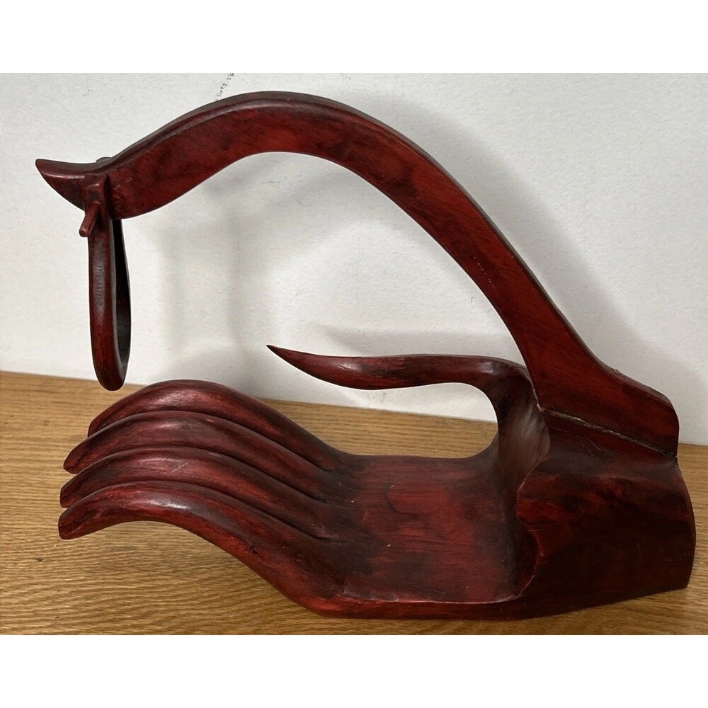Wooden Buddha Hand Wine Holder Display Hand Carved Red Tone Bohemian Restaurant